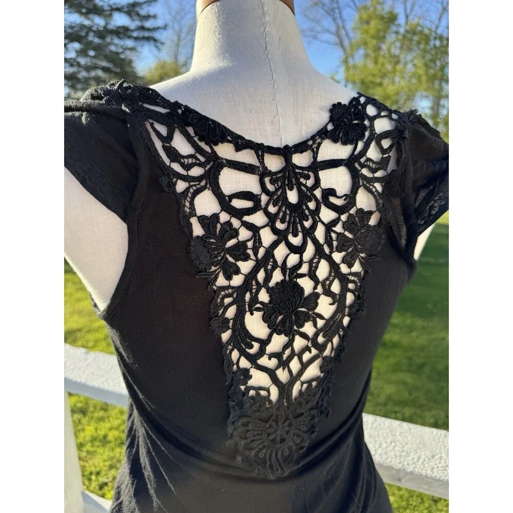 Free People Black Tank Top Blouse Lace Back Medium Boho Witchy Festival